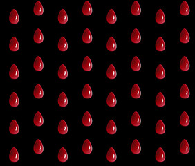 Seamless pattern with red transparent drops on a dark background. Stylized drop of blood. Background with 3d effect.