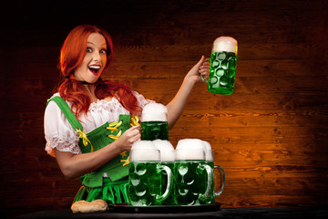 Bavarian Woman with Six Green Beer Glasses