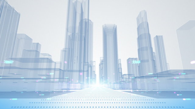 Abstract animation of fiber optic cables carrying information toward wireframe city buildings