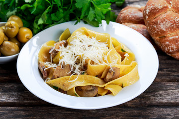 Pappardelle Pasta with mushrooms, cheese and other herbs