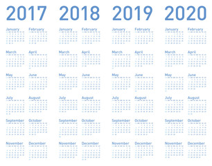 Simple Blue Calendar for years 2017, 2018, 2019 and 2020, in vector format