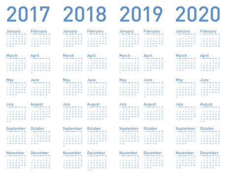 Simple Blue Calendar for years 2017, 2018, 2019 and 2020, in vector format