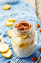 homemade healthy Chia seeds and banana overnight oatmeal in jar