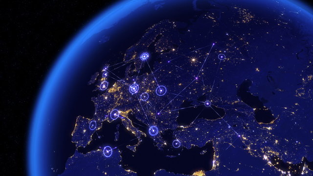 Global communications through the network of connections over Europe. Concept of internet, social media, traveling or logistics. High resolution texture of city lights at night. 4k - Ultra HD.