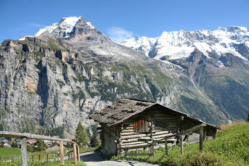 A traditional wooden hut under the foot of the Alps in Switzerland