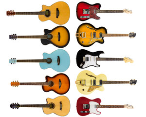 electric and acoustic guitars isolated on white background