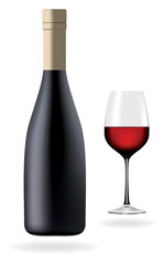 Bottle with red wine and glass, vector