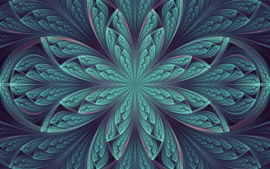 abstract fractal, symmetric cyan-blue mosaic ornamental pattern with curved stripes
