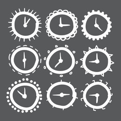 Hand drawn clock vector icons set illustration.