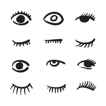 Hand drawn eyes set vector illustration black and white.