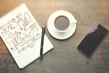 notebook, pen, phone and coffee on table
