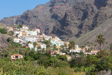 The village La Calera on the mountainside of the Valle Gran Rey on the island Gomera. The small village is situated on the west side of the island, in one of the beautiful valleys of the canary island