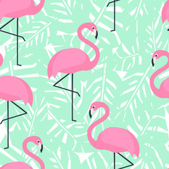 Tropical trendy seamless pattern with pink flamingos and mint green palm leaves. Exotic Hawaii art background. Design for fabric and decor. - 103942554