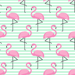Flamingo seamless pattern on stripped background. Flamingo vector background design for fabric and decor. - 103942568