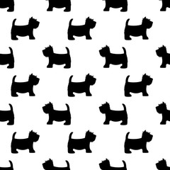 Scottish terrier seamless pattern. Cute dogs on white. Child drawing style puppy background. Design for fabric and decor.