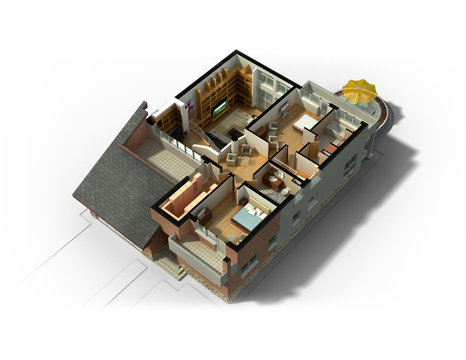 3D rendering of a furnished residential house, with the second floor, showing the staircase, bedrooms, bathrooms and walk-in closets and storage.