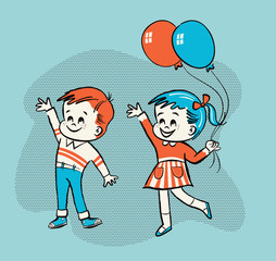 Retro advertising style pen and ink vector line drawing of little boy and girl waving and holding balloons