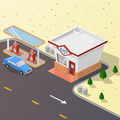 Isometric illustration, vector graphics with the image of a gas station, advertising, design, symbol.
