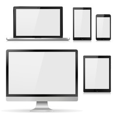Set of realistic computer monitor, laptop, tablet and mobile phone with empty white screen. Various modern electronic gadget isolated on white background. Vector illustration EPS10