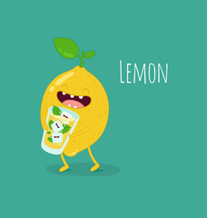 Funny lemon drink lemonade. Vector illustration. 