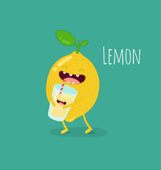 Funny lemon drink lemonade. Vector illustration. 