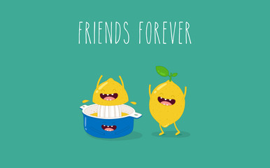 Funny blue juicer squeeze lemon fruit. Lemon and juicer friend forever. Vector illustration.