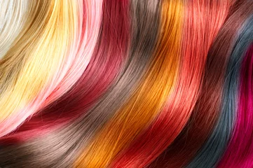 Foto auf Acrylglas Friseur Palette von Haarfarben. Farbmuster für gefärbte Haare