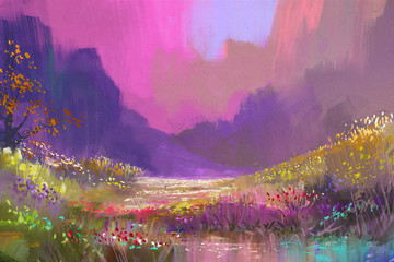 Obrazy  piękny krajobraz w górach z kolorowymi kwiatami, malarstwo cyfrowe