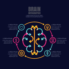 Business infographics vector template. Brain made from colorful arrows and outline icons set on black background. High technology, development and creativity concept. Abstract illustration.
