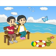 Children playing on the beach cartoon