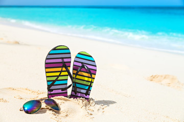 Multicolored flip-flops and sunglasses on a sunny beach..Tropica