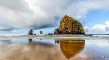 Foto op Plexiglas Oregon Coast Haystack Rock op een dramatische bewolkte dag met reflecties © Crin