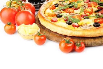 Delicious pizza with vegetables, isolated on white