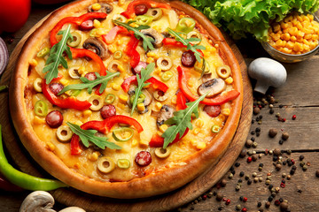 Delicious pizza with vegetables, close-up