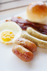 sausages, bacon and egg, breakfast without healthy vegetable