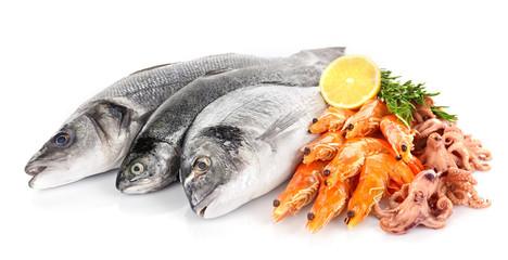 Fresh Mediterranean cocktail of fish on white background, close up