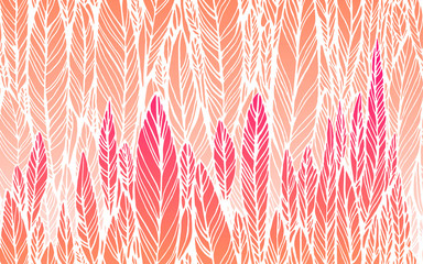 print, seamless pattern of  pink leaves, grass, feathers, vector illustration