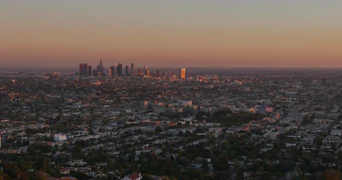 A sunset time lapse of the Los Angeles skyline as seen from the Griffith Observatory.  	