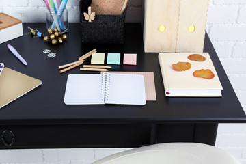 Office and school set with stationery and notebooks on a table