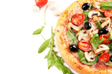 Delicious tasty pizza with vegetables on light background
