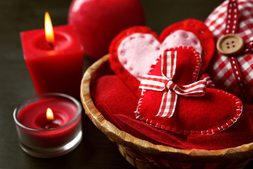 St Valentine's decor on wooden background, closeup