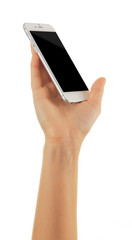 Hand holding white touch screen smart phone isolated on white background