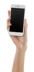 Hand holding white touch screen smart phone isolated on white background