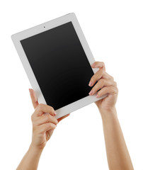 White tablet in hands isolated on white background