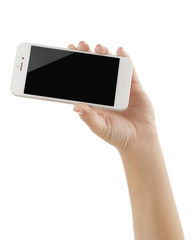 Hand holding white touch screen smart phone isolated on white background