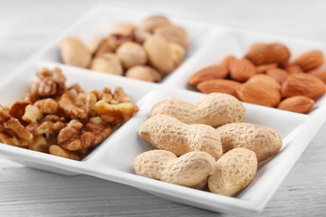 Walnut kernels, almonds, pistachios, peanuts in the ceramic rectangle plate, close-up
