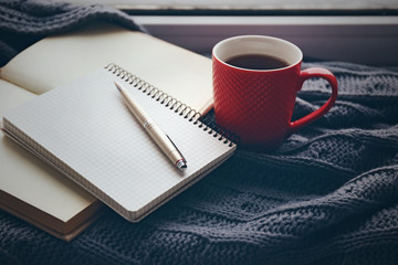 Red cup of tea, book  and warm knitted plaid on windowsill, close up