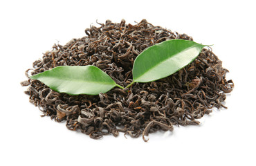 Pile of dry tea with green leaves, isolated on white