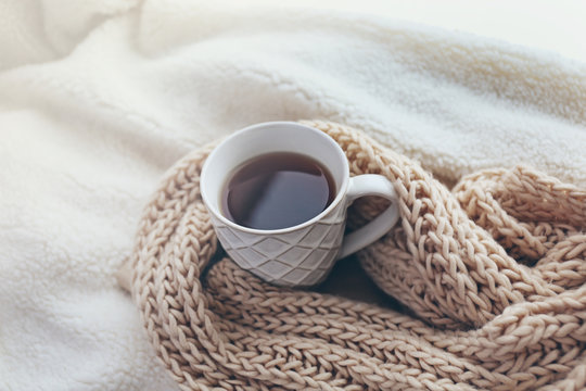 Cup of tea and warm knitted scarf on windowsill, close up