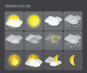 Vector set of weather icons on a dark background.